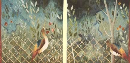 Pompeiian Bird Diptych
wool and linen
30"x30", (each panel), 2001 Pompeiian Bird Diptych
wool and linen
30"x30", (each panel), 2001